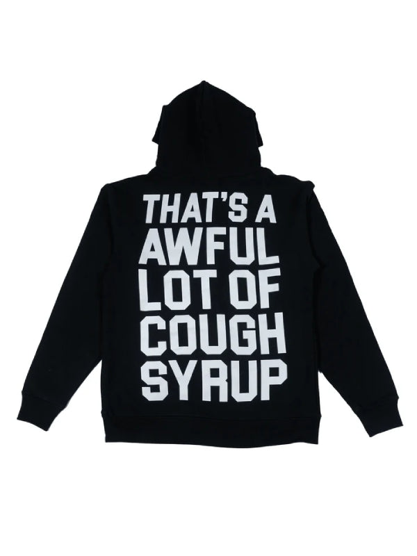 A black pullover hoodie shown from the back, featuring the phrase 'THAT'S A AWFUL LOT OF COUGH SYrup' printed in large, bold white block letters.