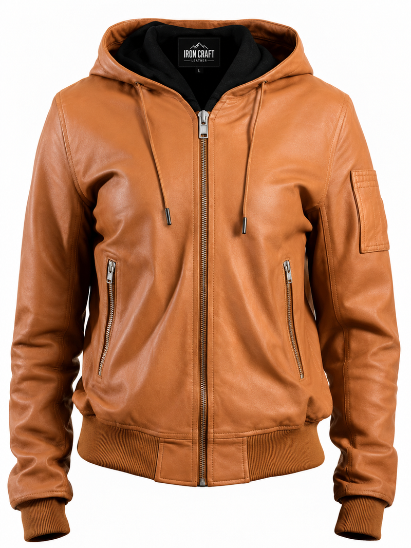 Leather Jacket Women Brown with Hood – Hooded Leather Bomber Jacket
