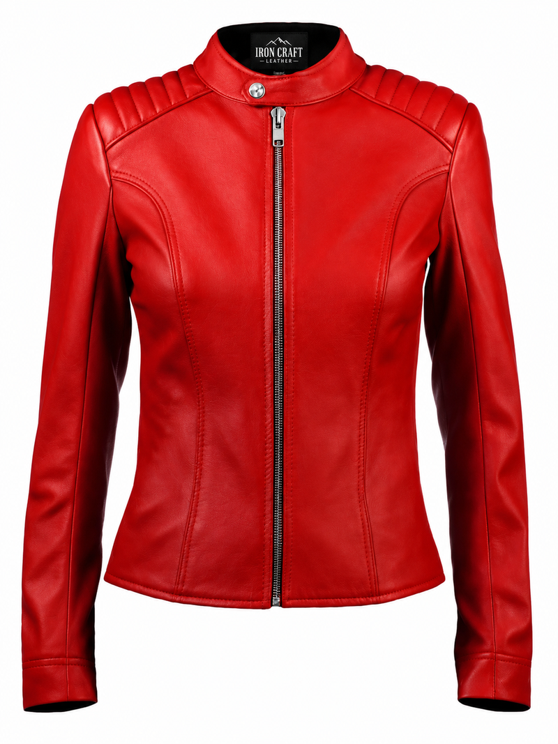 Womens Red Leather Jacket – Classic Zip-Up Leather Outerwear