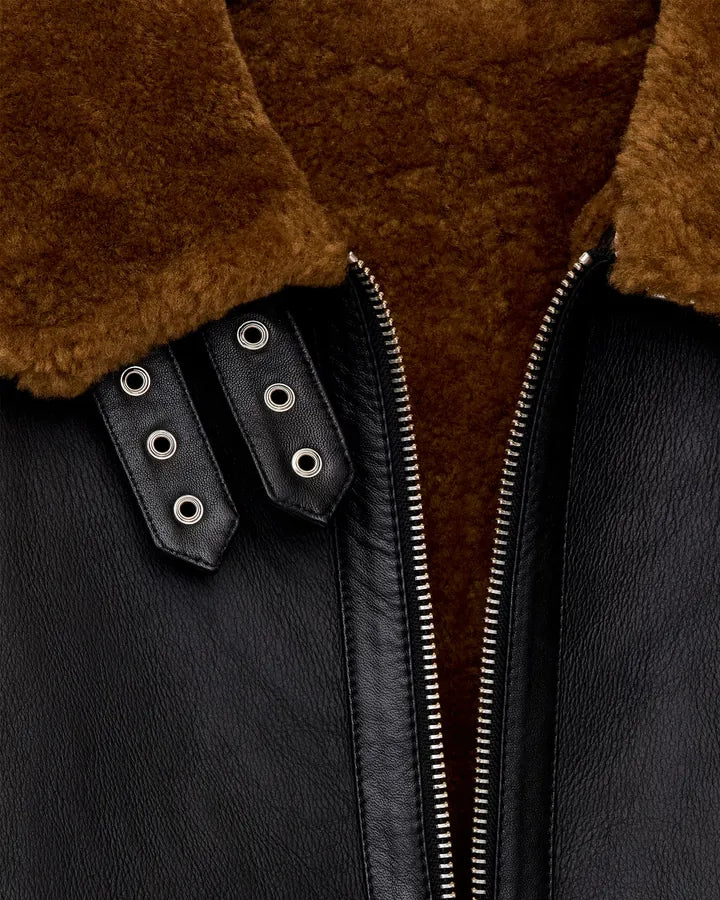 Macro detail of the shearling collar, throat latch and twin zips