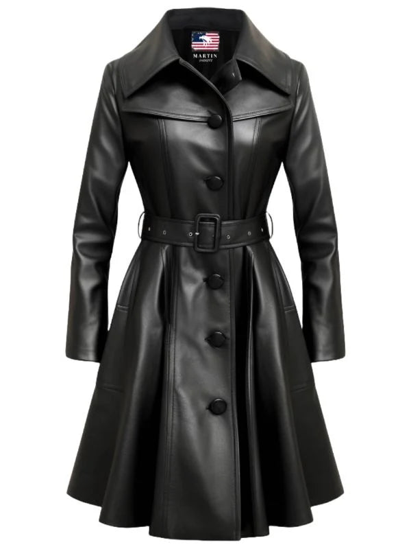 Women’s Black Real Long Leather Coat – Stylish &amp; Timeless Outerwear