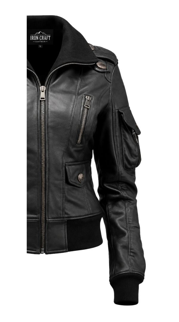 Women’s Black Leather Bomber Jacket – Classic Zip-Up Outerwear