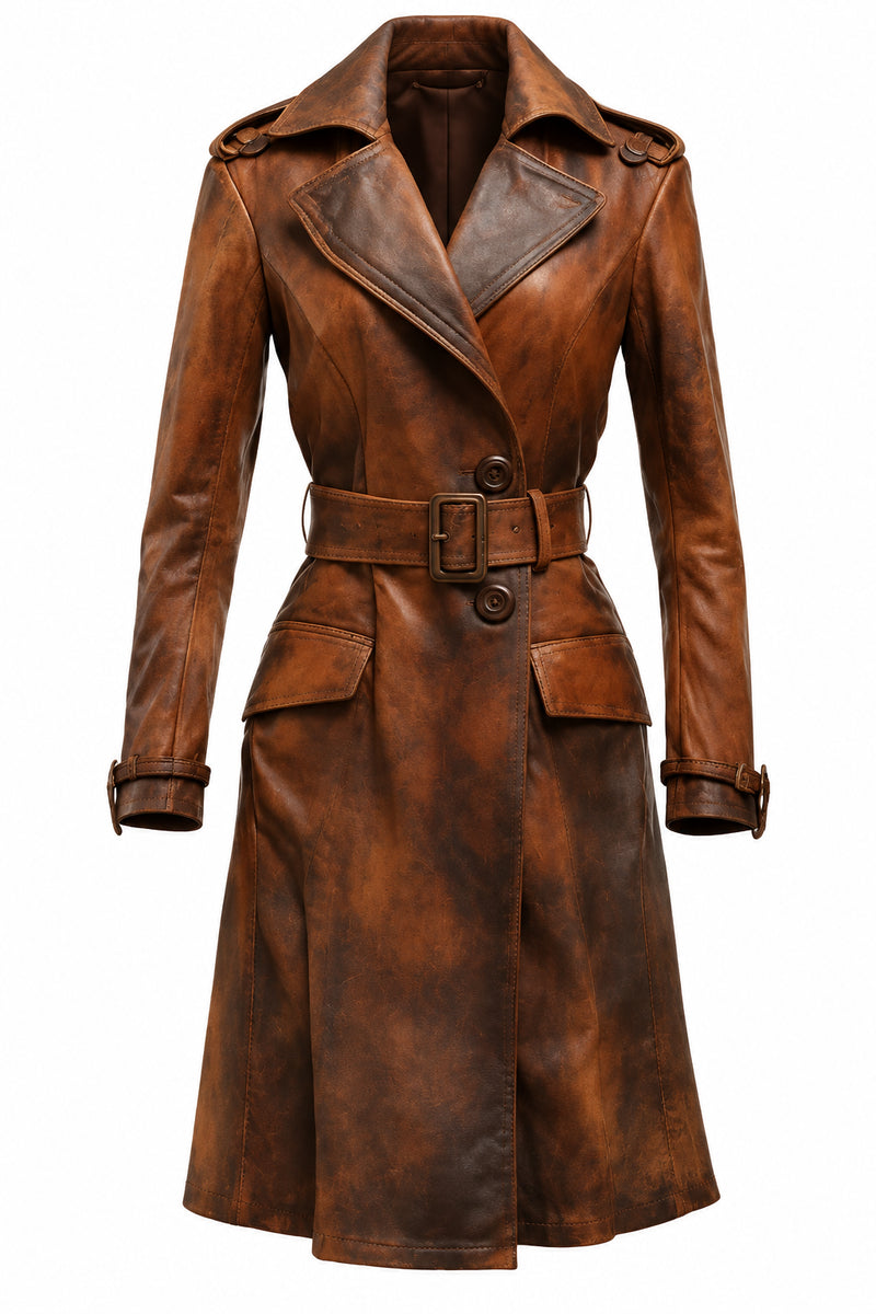 Women’s Distressed Brown Vintage Leather Long Coat – Timeless Vintage Leather Outerwear