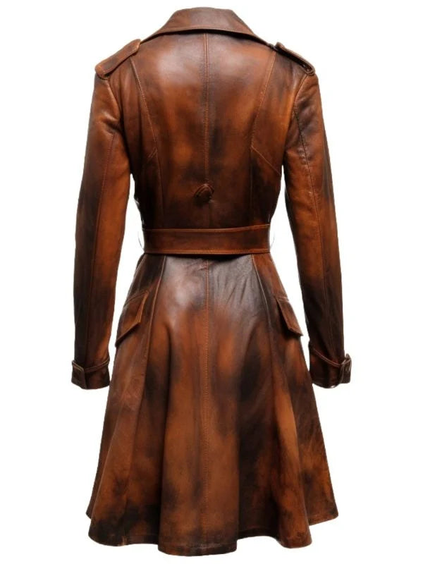 Women’s Distressed Brown Vintage Leather Long Coat – Timeless Vintage Leather Outerwear