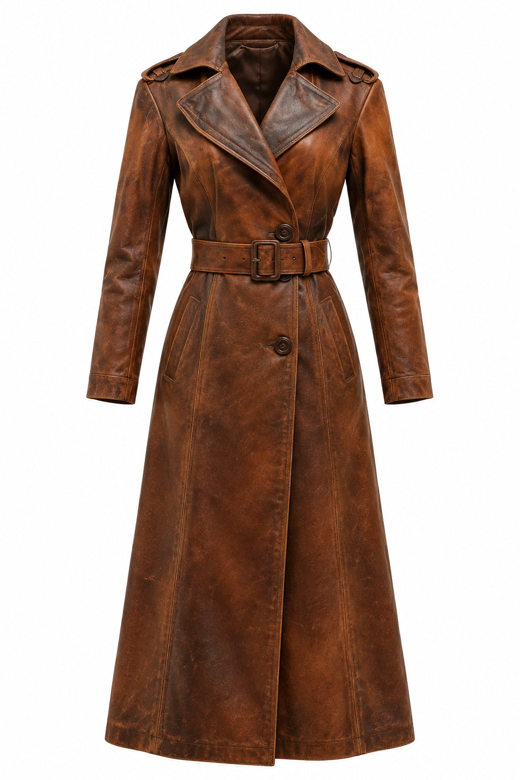 Women’s Distressed Brown Vintage Leather Long Coat – Timeless Vintage Leather Outerwear