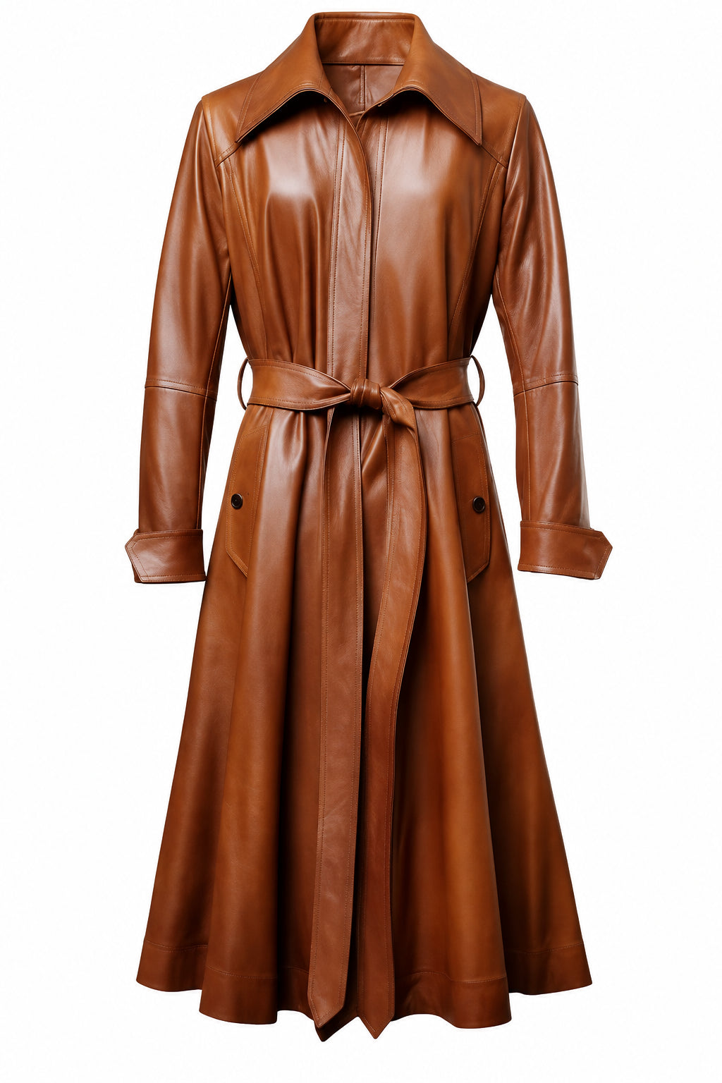Women’s Tan Leather Coat – Classic Button-Front Outerwear