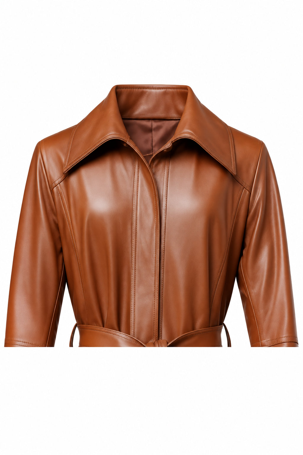 Women’s Tan Leather Coat – Classic Button-Front Outerwear