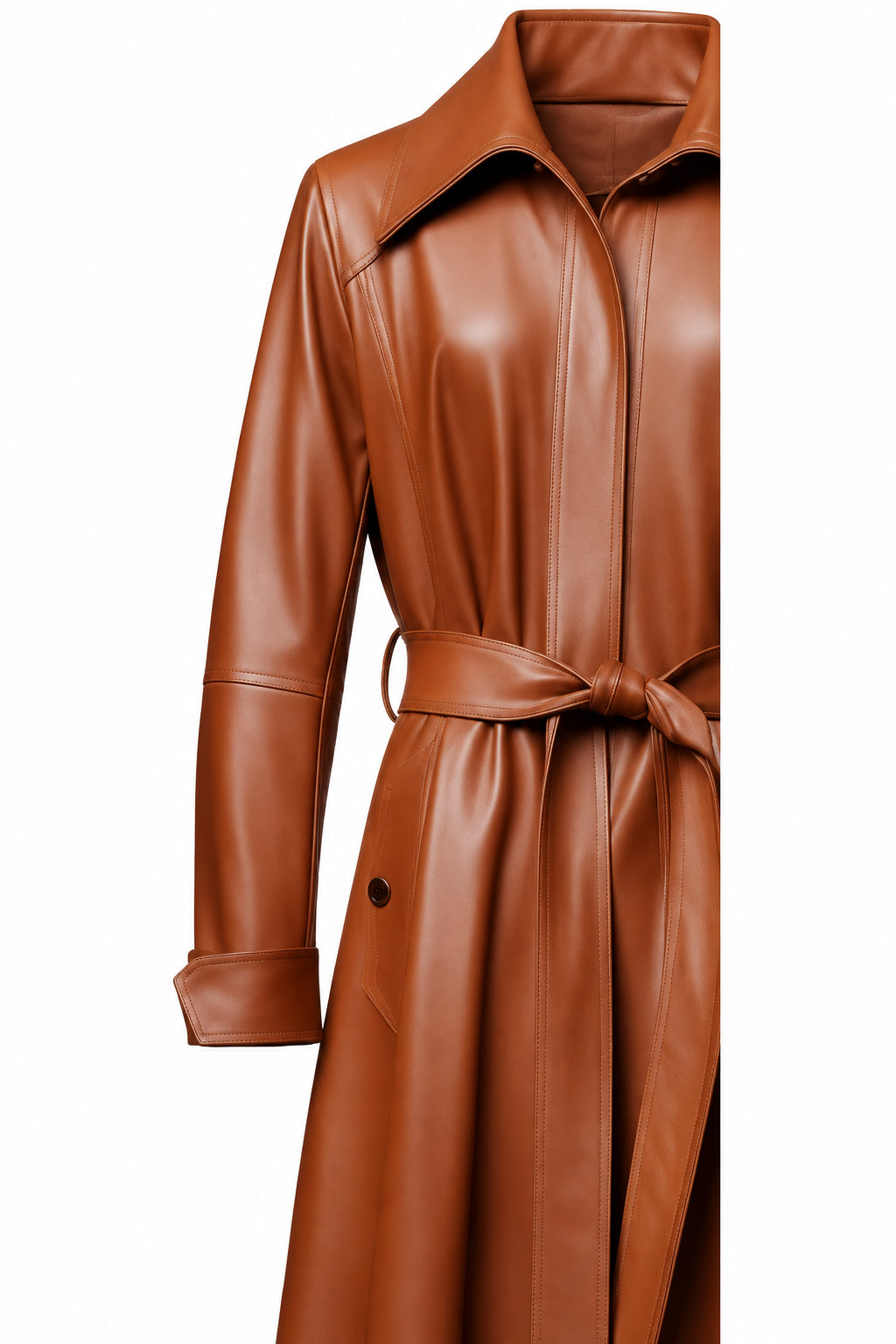 Women’s Tan Leather Coat – Classic Button-Front Outerwear