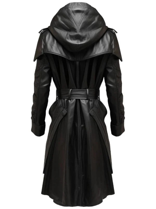 Black Stylish Leather Hooded Coat – Elegant Women’s Leather Winter Outerwear