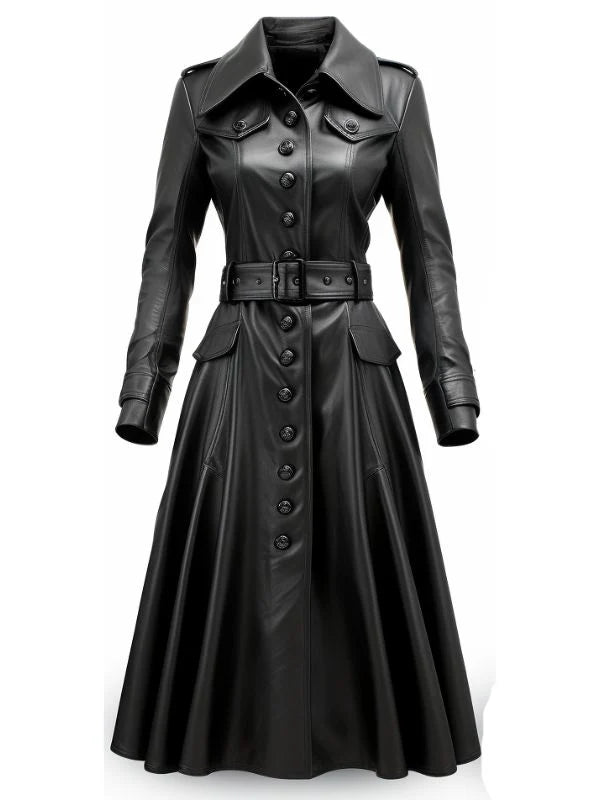 Women’s Rock Black Long Leather Designer Coat – Stylish Long Leather Outerwear