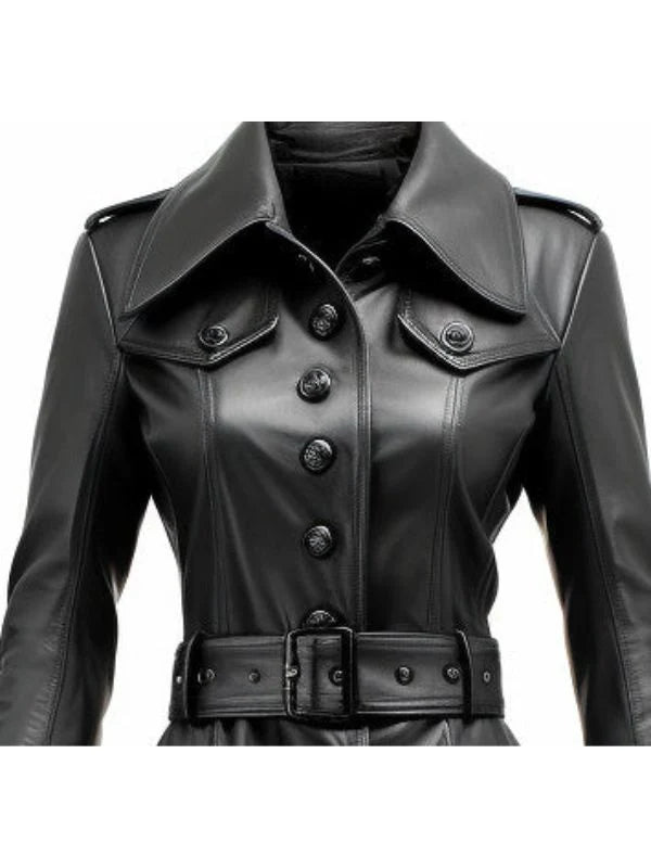 Women’s Rock Black Long Leather Designer Coat – Stylish Long Leather Outerwear