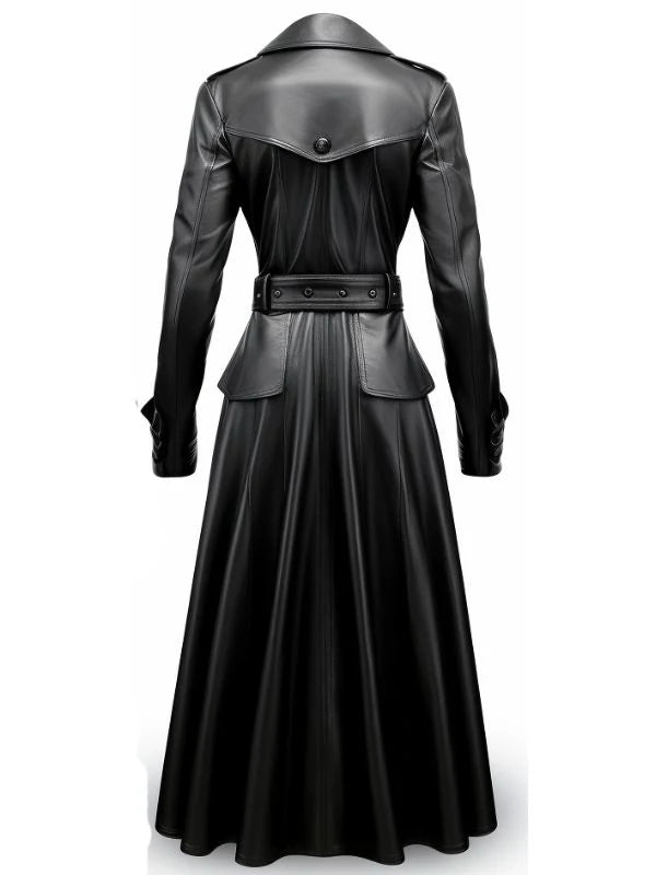 Women’s Rock Black Long Leather Designer Coat – Stylish Long Leather Outerwear