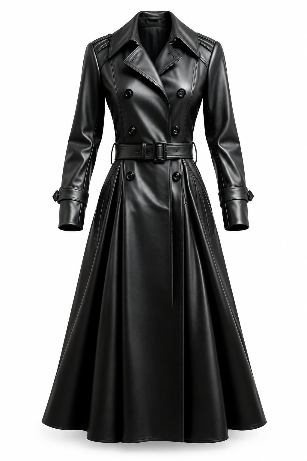 Women’s Designer Black Long Leather Coat – Elegant Luxury Outerwear