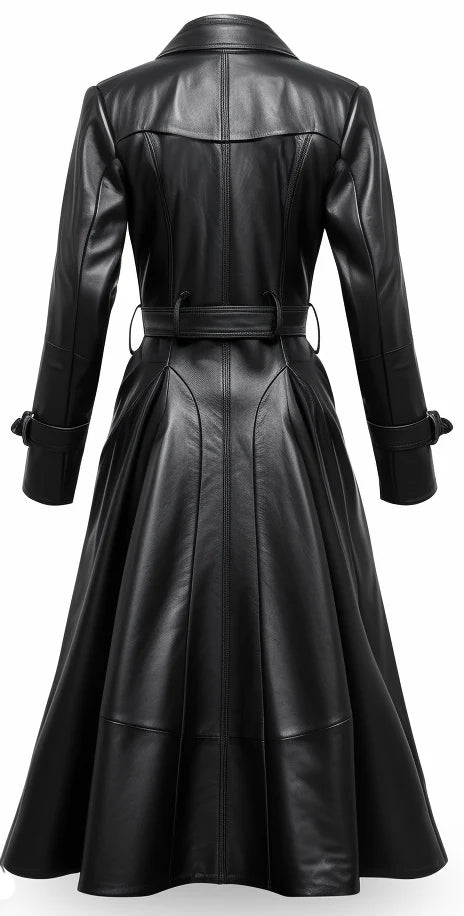 Women’s Designer Black Long Leather Coat – Elegant Luxury Outerwear