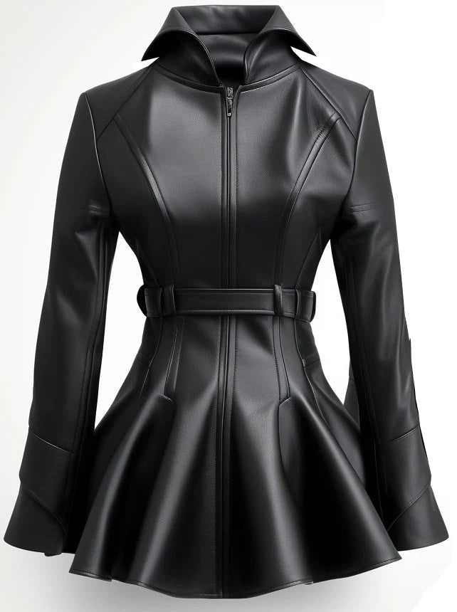 Women Black Designer Peplum Leather Jacket – Elegant Real Leather Outerwear