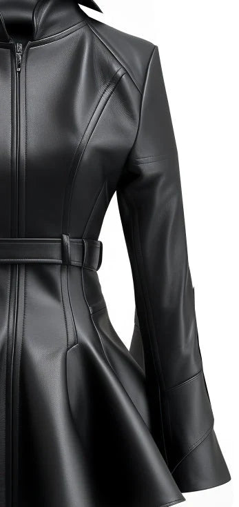 Women Black Designer Peplum Leather Jacket – Elegant Real Leather Outerwear