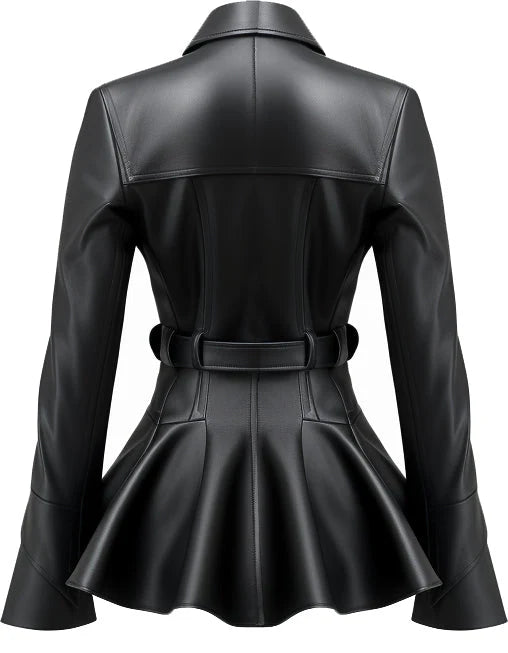 Women Black Designer Peplum Leather Jacket – Elegant Real Leather Outerwear