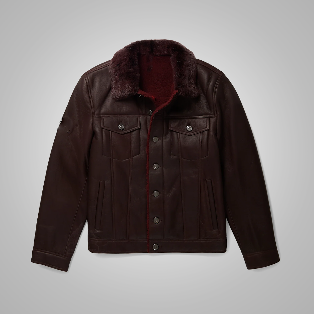 Mens Brown Shearling Real Sheepskin Leather Bomber Flying Trucker Leather Jacket