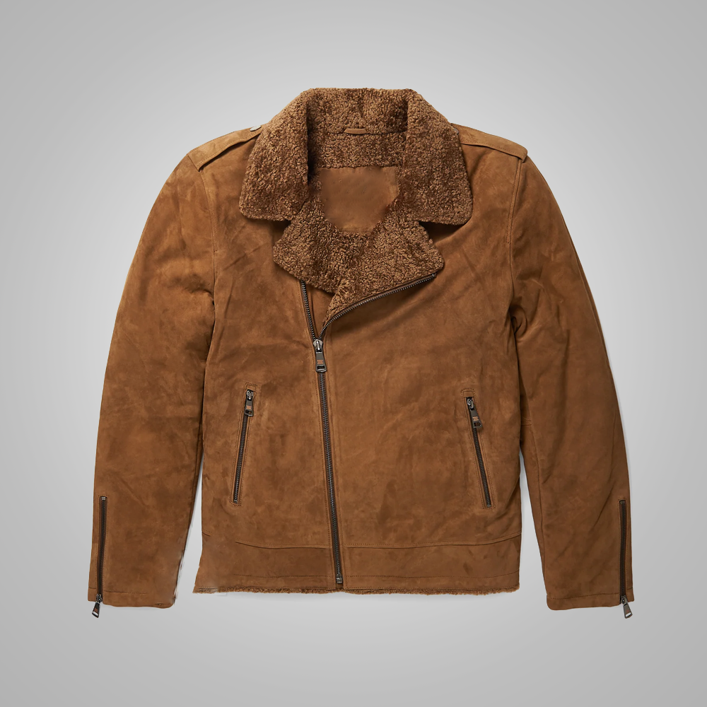 New Mens Brown Shearling Sheepskin Leather Bomber Flying Jacket