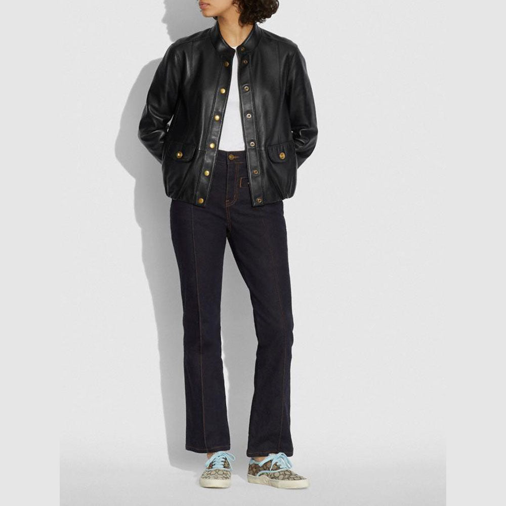 Womens Black Biker Aviator  Sheepskin Shearling Leather Jacket