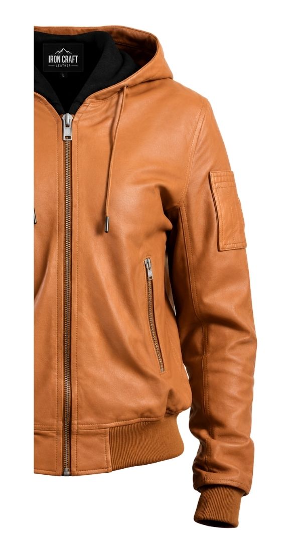 Leather Jacket Women Brown with Hood – Hooded Leather Bomber Jacket