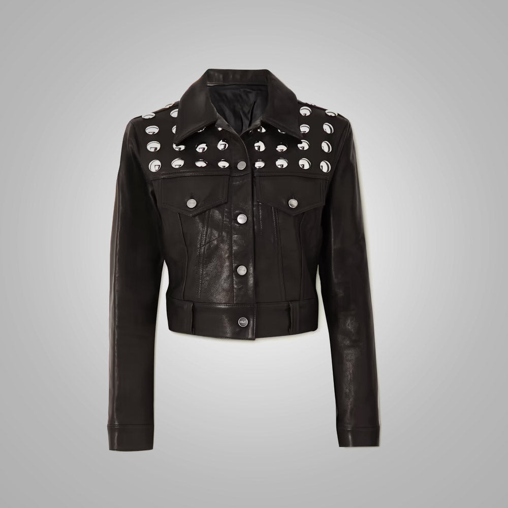 Womens Black Shearling Studded textured Cropped Leather Jacket