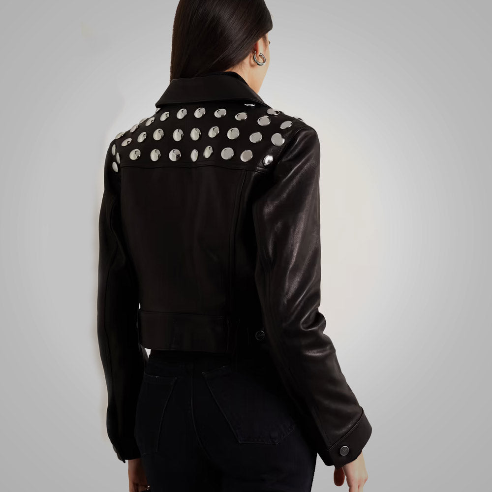Womens Black Shearling Studded textured Cropped Leather Jacket
