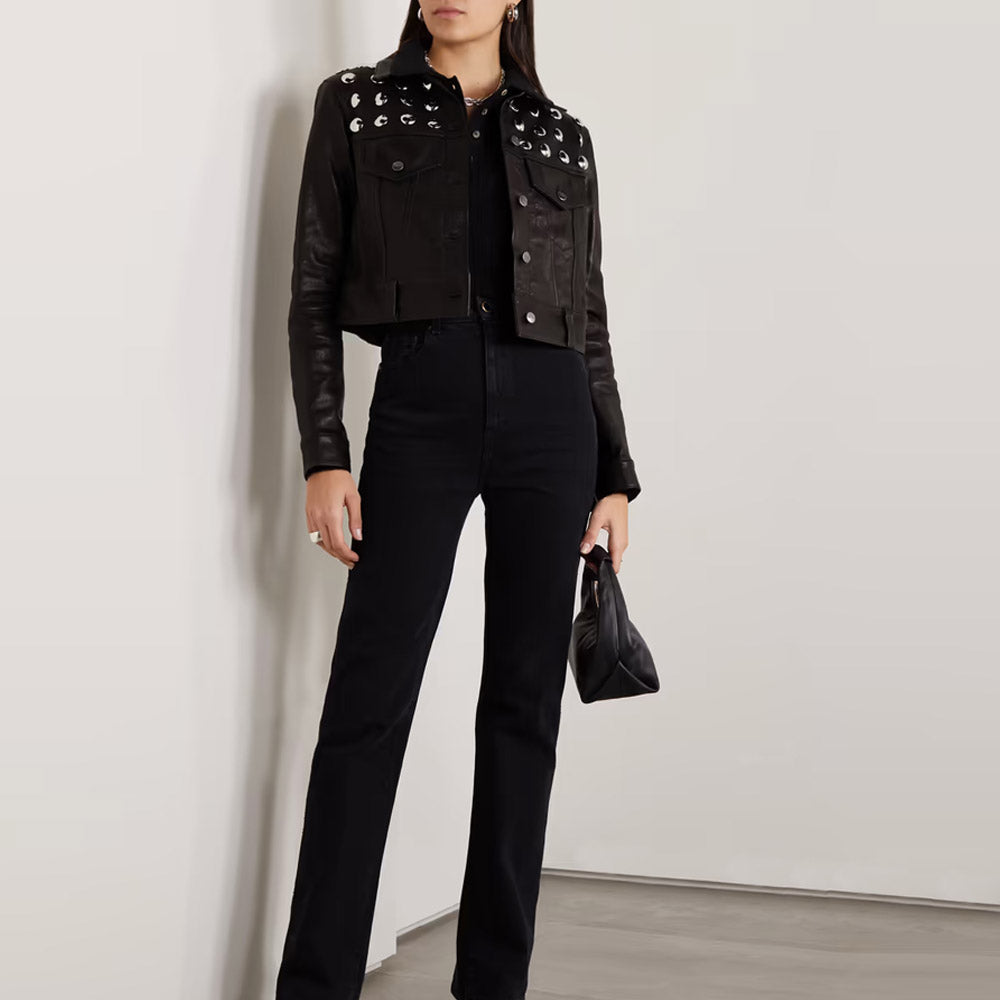 Womens Black Shearling Studded textured Cropped Leather Jacket
