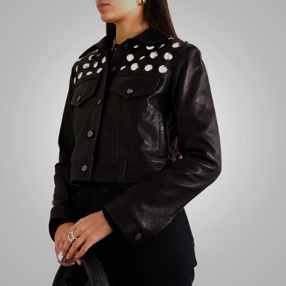 Womens Black Shearling Studded textured Cropped Leather Jacket