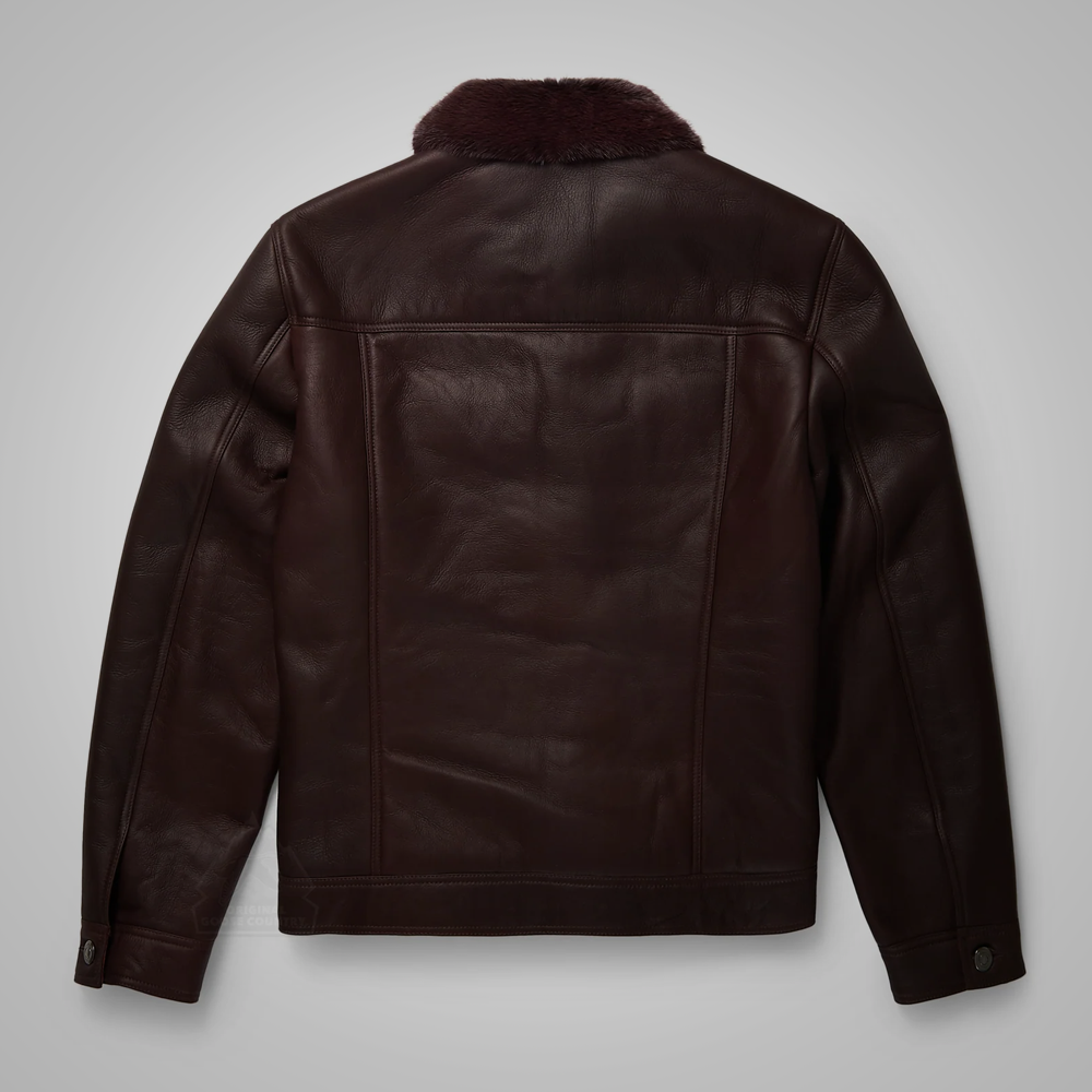 Mens Brown Shearling Real Sheepskin Leather Bomber Flying Trucker Leather Jacket