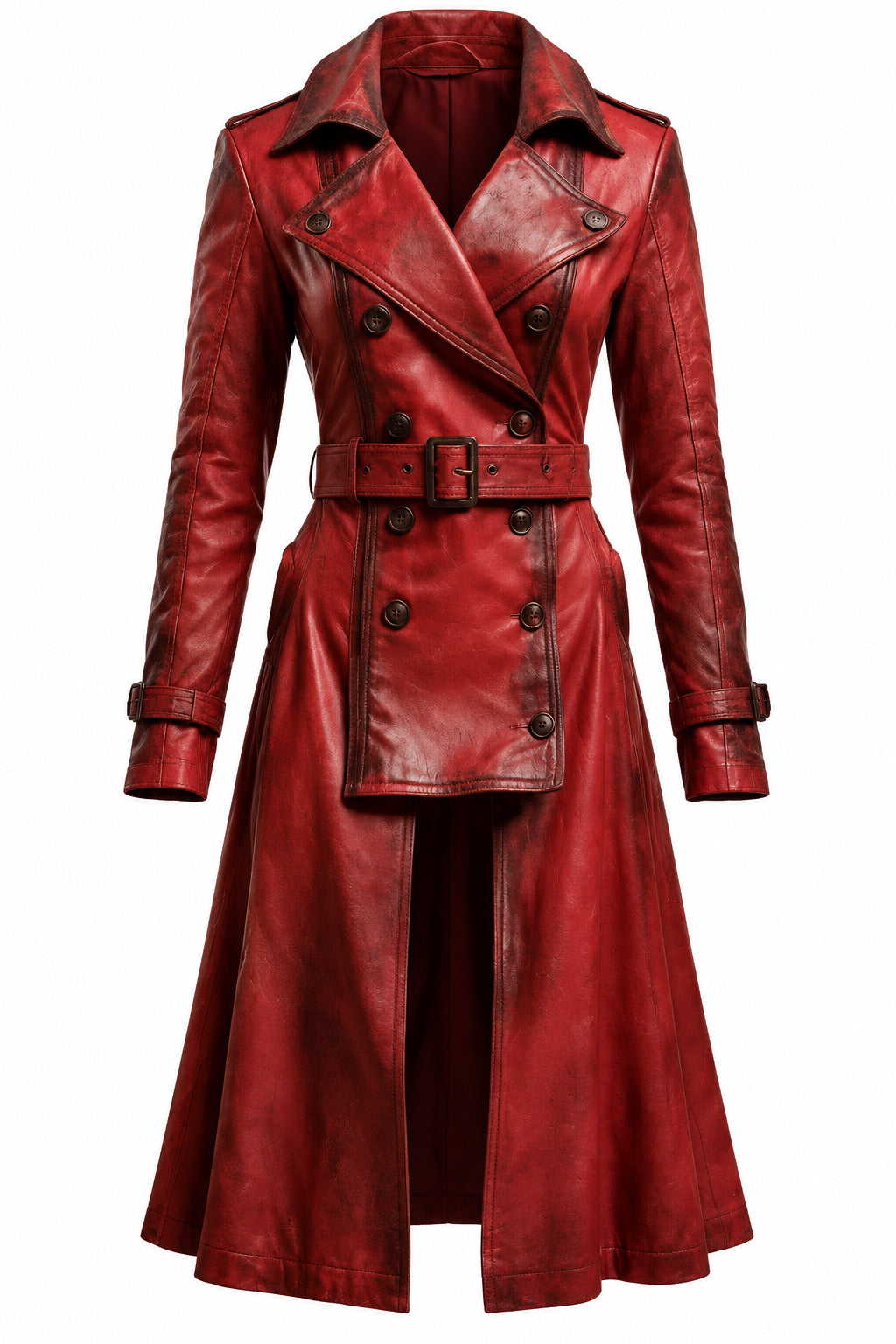 Women’s Distressed Red Leather Long Coat – Vintage Statement Outerwear