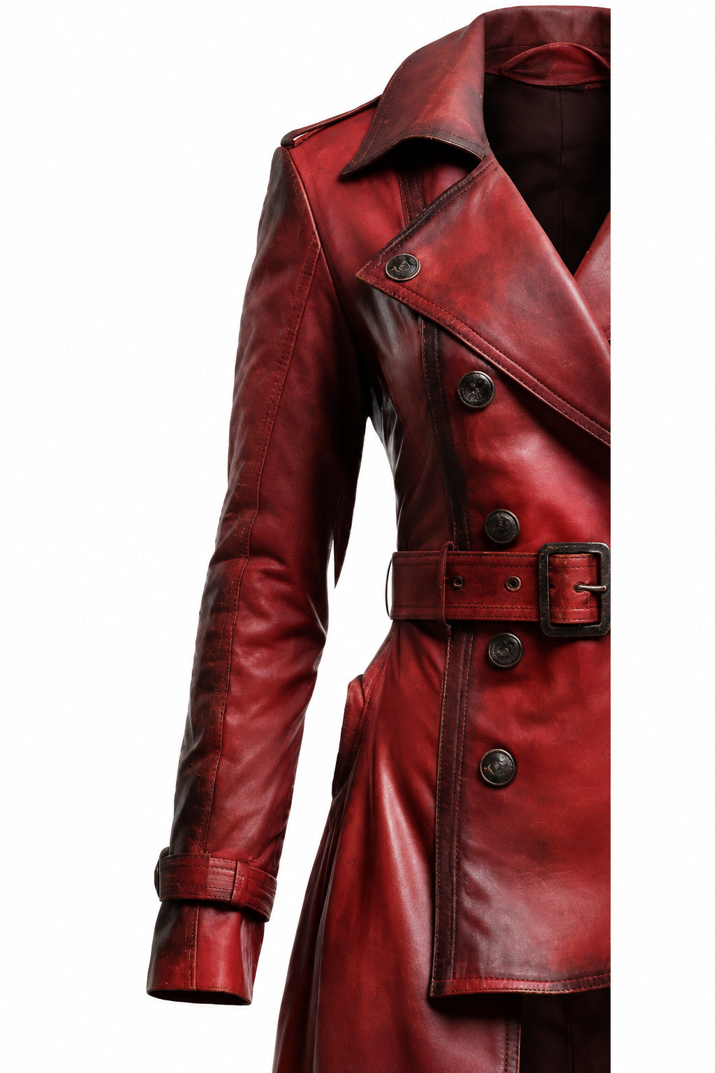 Women’s Distressed Red Leather Long Coat – Vintage Statement Outerwear