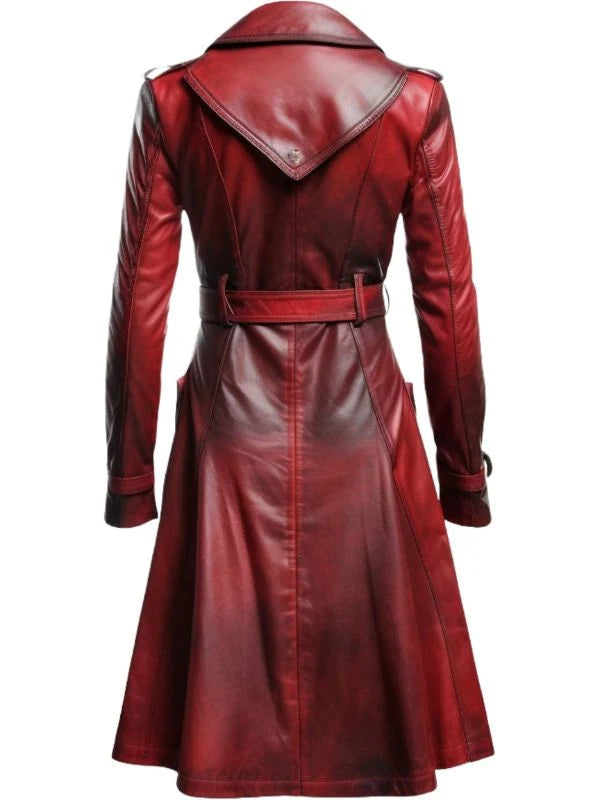 Women’s Distressed Red Leather Long Coat – Vintage Statement Outerwear