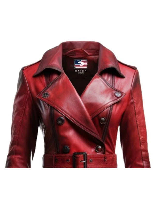Women’s Distressed Red Leather Long Coat – Vintage Statement Outerwear