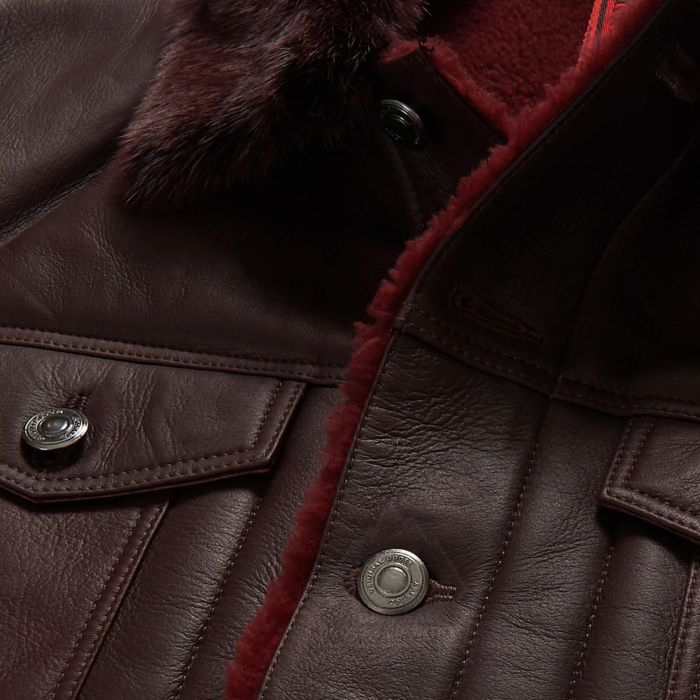 Mens Brown Shearling Real Sheepskin Leather Bomber Flying Trucker Leather Jacket