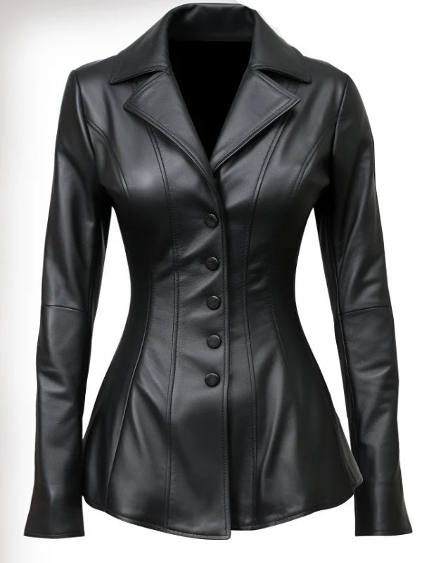 Women Sierra Black Leather Blazer – Elegant Real Leather Outerwear