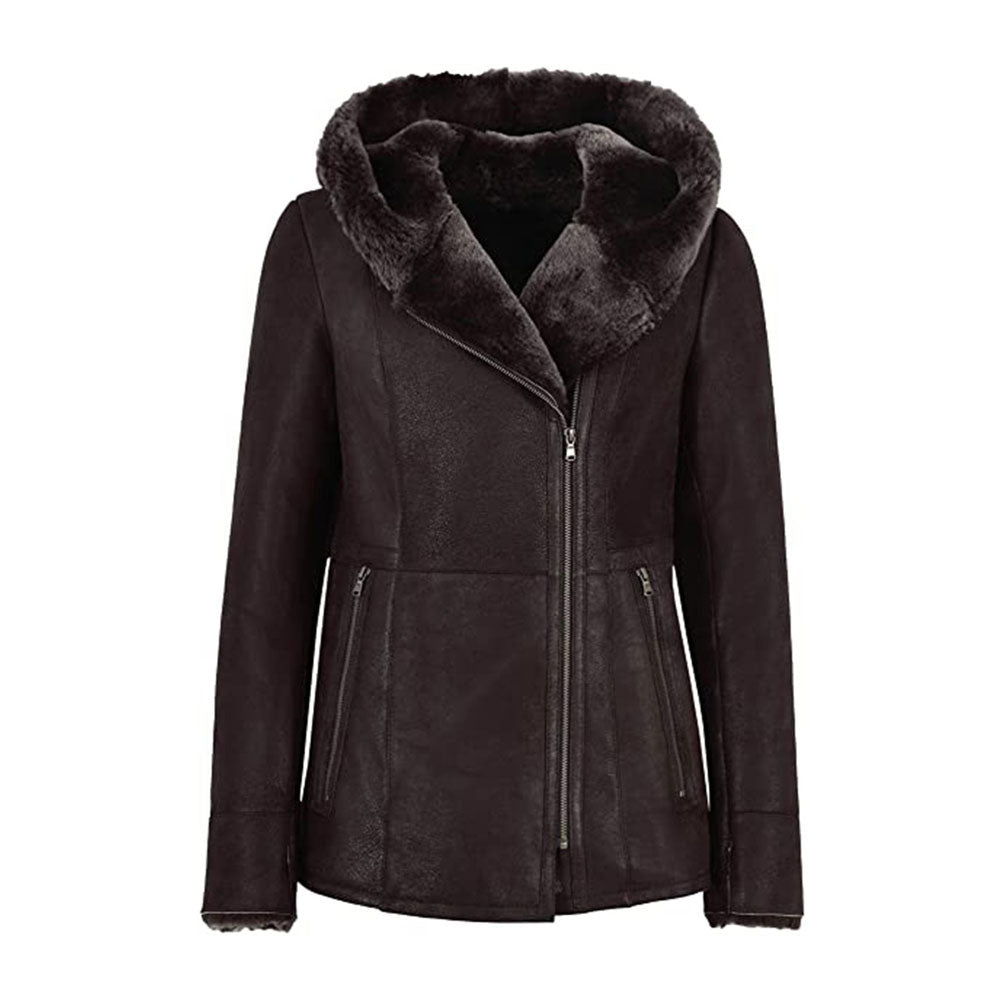 WOMENS HOODED FUR SHEARLING LONG JACKET
