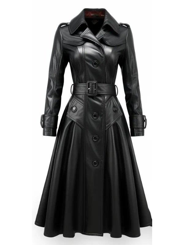 Women Luna Black Long Leather Coat – Elegant &amp; Timeless Outerwear