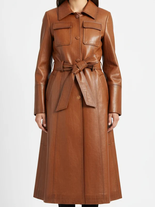 Women’s Stylish Italian Brown Waxed Leather Coat – Elegant Brown Leather Outerwear