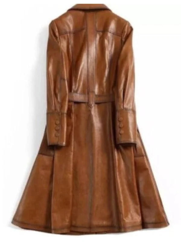 Women’s Stylish Italian Brown Waxed Leather Coat – Elegant Brown Leather Outerwear