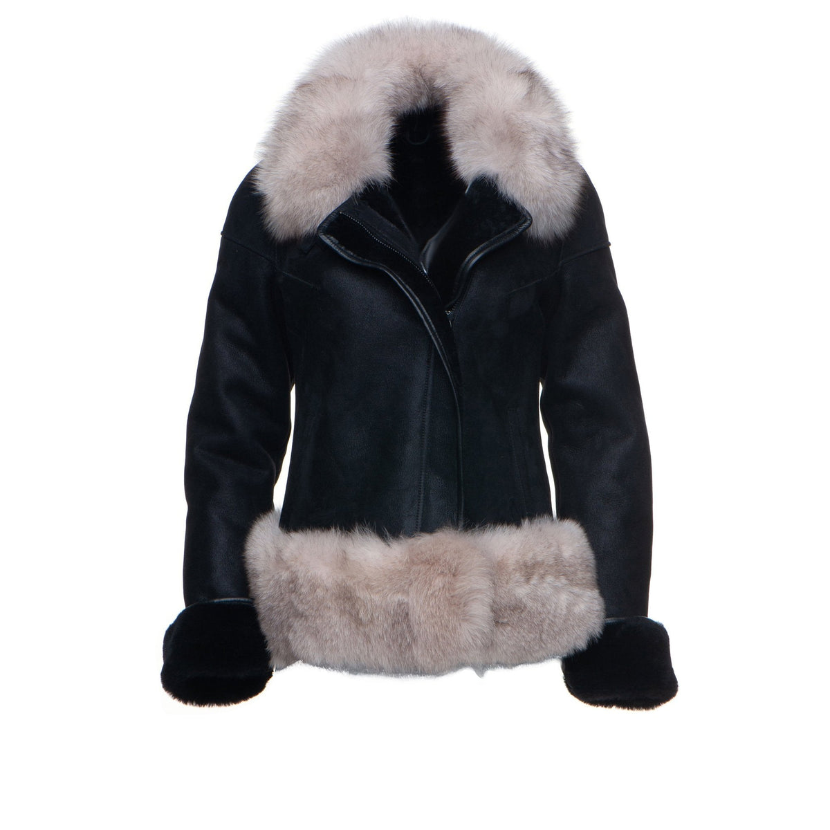 Cecilys Black Shearling Sheepskin Jacket with Fox fur trim