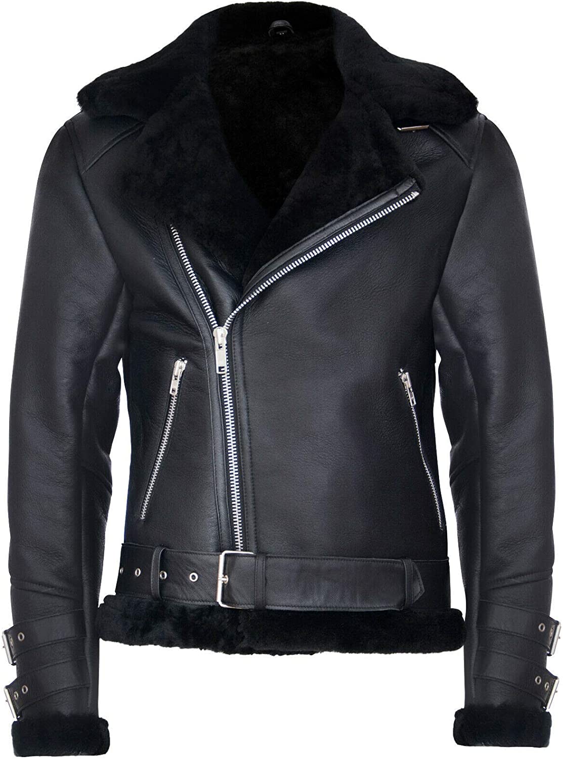 Mens Retro RAF B3 Pilot Real Sheepskin Shearling Biker Leather Jacket