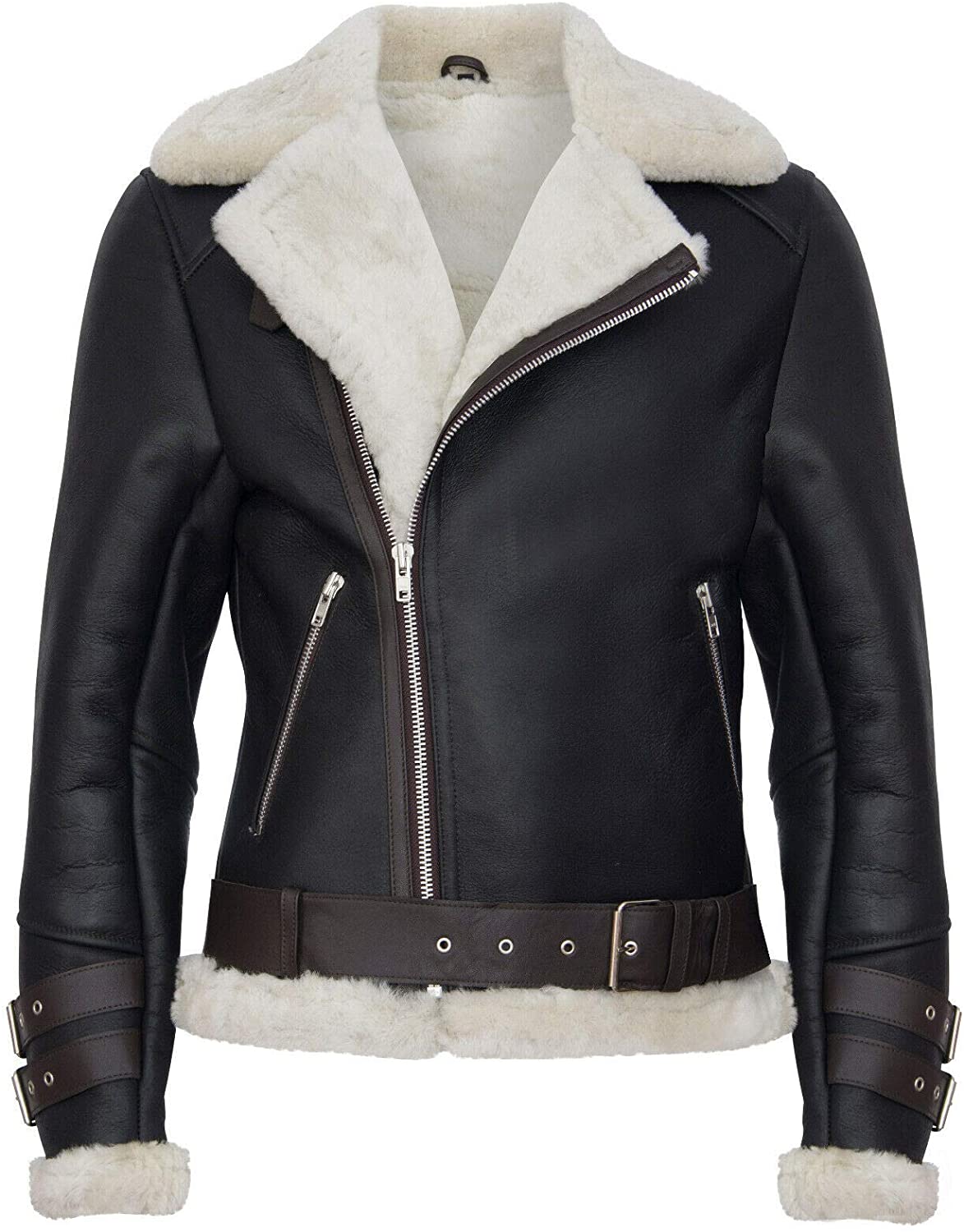 Mens Retro RAF B3 Pilot Real Sheepskin Shearling Biker Leather Jacket