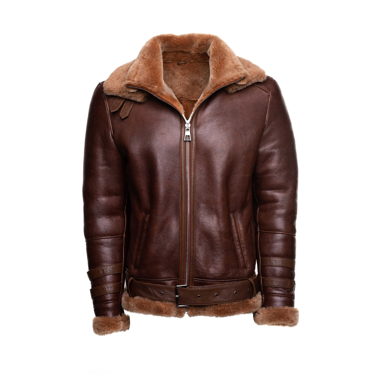 Phans Brown Aviator bomber shearling jacket with a waist belt