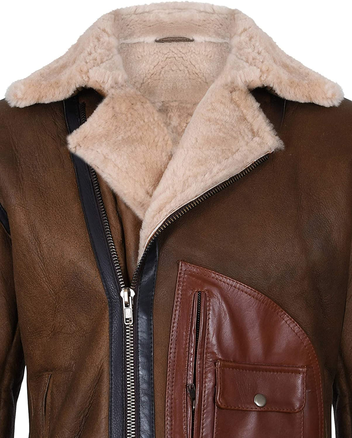Mens Brown Crossover B3 Sheepskin Aviator Flying Leather Biker Jacket