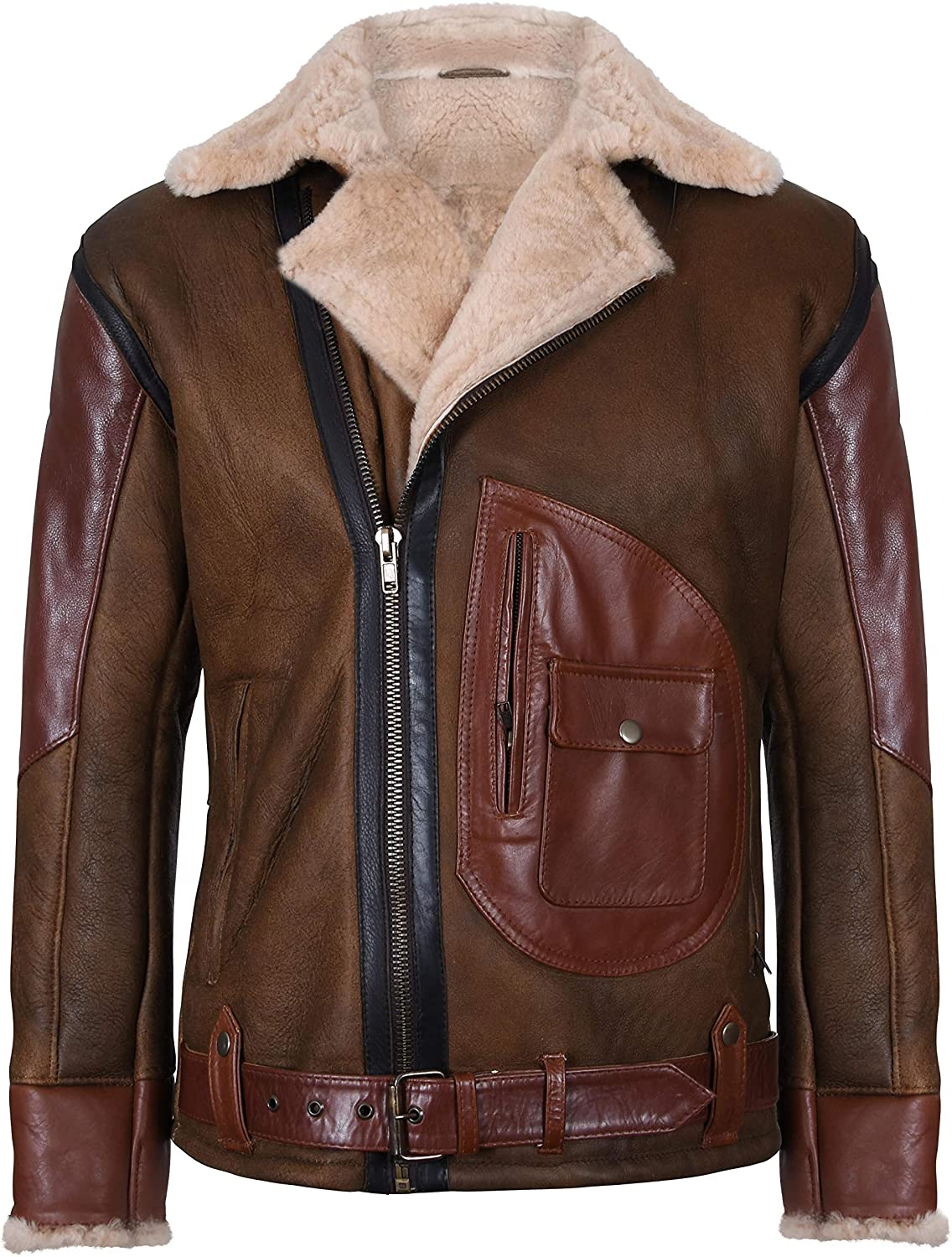 Mens Brown Crossover B3 Sheepskin Aviator Flying Leather Biker Jacket