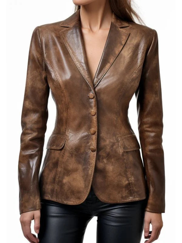 Women Alessia Brown Distressed Leather Blazer – Vintage Tailored Leather Outerwear