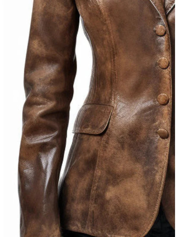 Women Alessia Brown Distressed Leather Blazer – Vintage Tailored Leather Outerwear