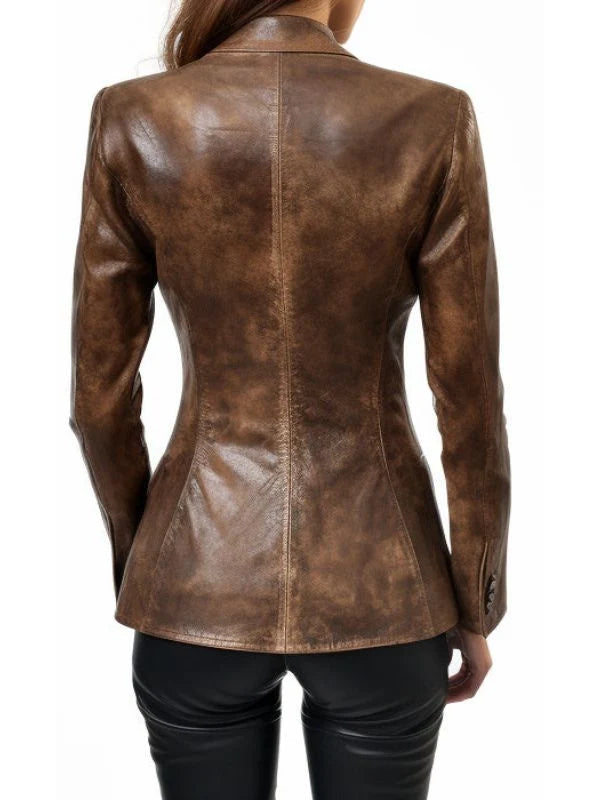 Women Alessia Brown Distressed Leather Blazer – Vintage Tailored Leather Outerwear