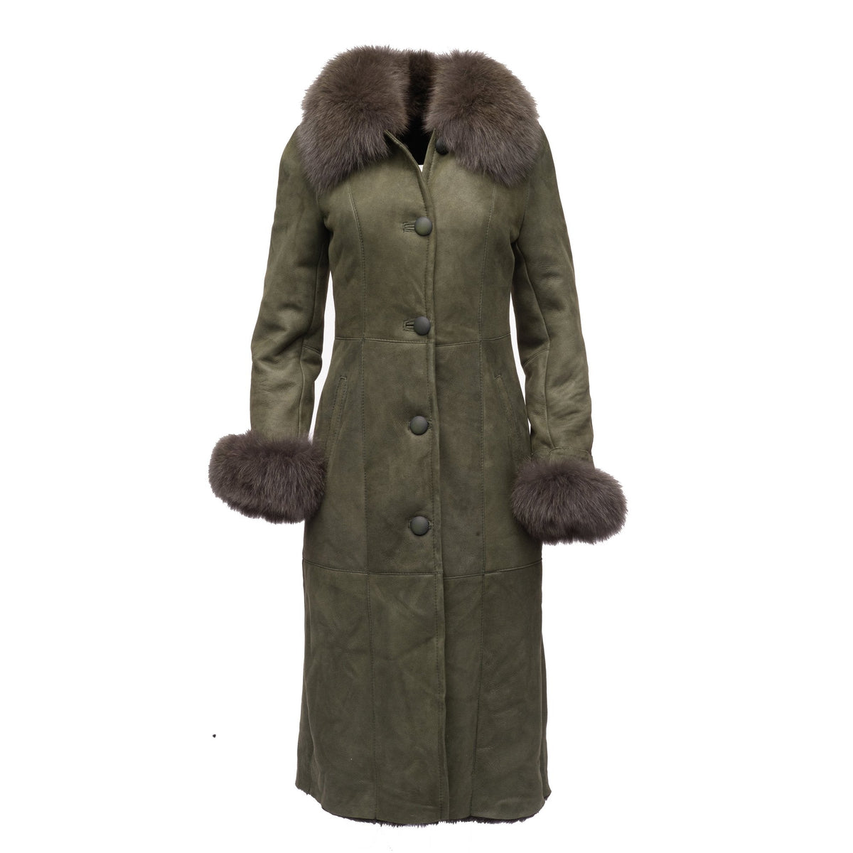 Caitlans Shearling Sheepskin Long Coat with Fox Fur Trim
